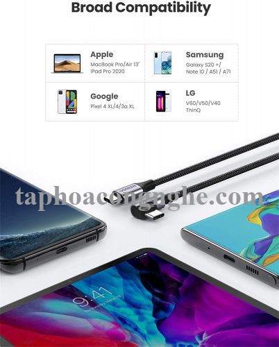 Ugreen 50122 0.5M 60W bẻ góc 90 độ hỗ trợ sạc nhanh PD cáp USB type C màu đen mạ nickel đầu bọc nhôm US255 30050122